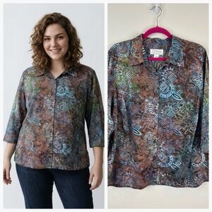 Batik Tie Dye Button Up Top Size 1X Boho Hippie 3/4 Sleeve Cotton Aztec Earthy